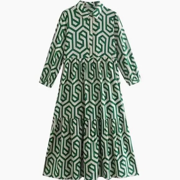 ZARA Women's Midi Dress Large - White and Green Geometric Pattern - Picture 1 of 5
